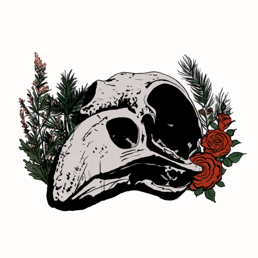 The Ancestral Services logo is a bird skull surrounded by roses, pine branches, and mugwort.